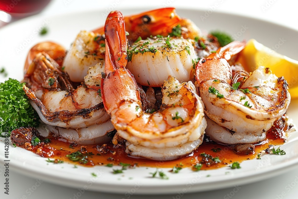 Fresh seafood dish featuring succulent shrimp and steamed broccoli on a white plate Fresh seafood dish featuring succulent shrimp and steamed broccoli on a white plate
