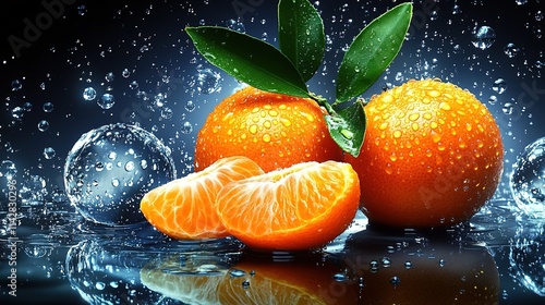 Many orange tangerines with green leaves on dark background. Top view and copy space