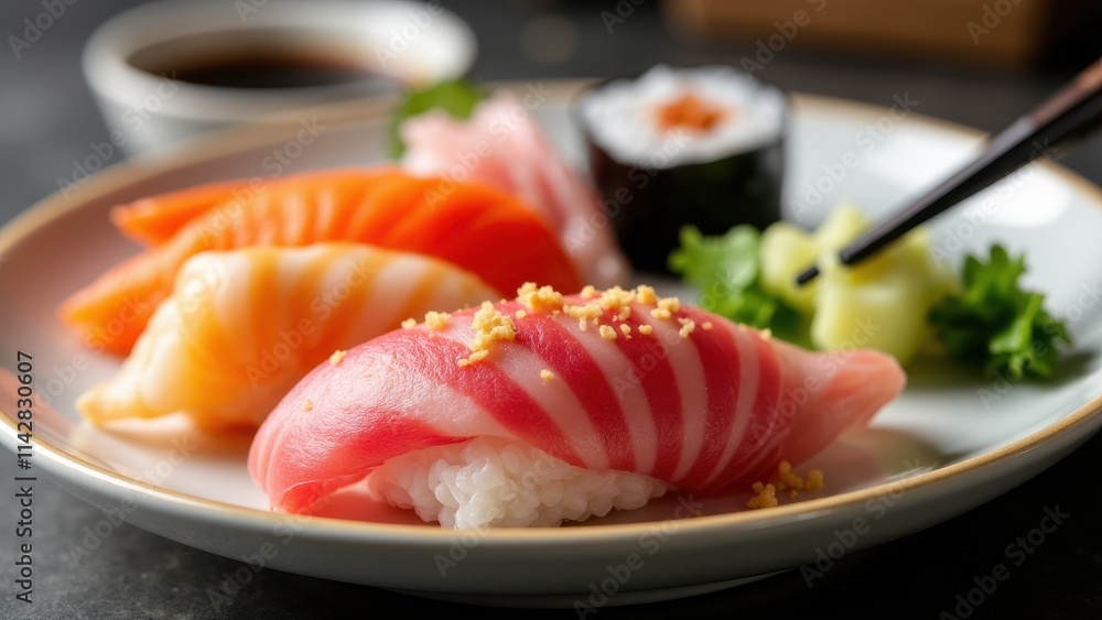 A close-up of an artful sushi platter with nigiri, sashimi, and maki rolls, served with chopsticks and soy sauce on a minimalist plate A close-up of an artful sushi platter with nigiri, sashimi, and maki rolls, served with chopsticks and soy sauce on a minimalist plate