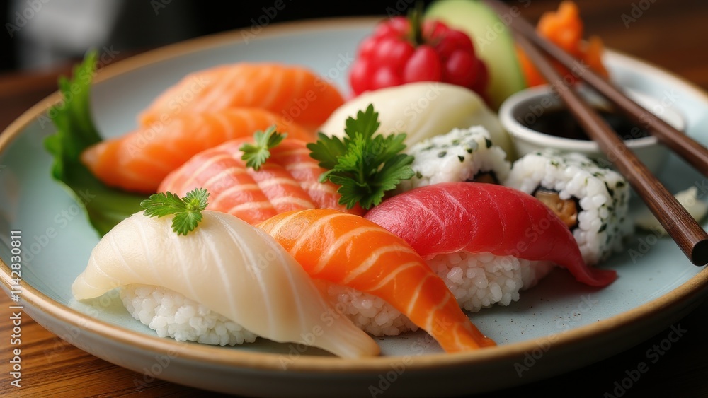 A close-up of an artful sushi platter with nigiri, sashimi, and maki rolls, served with chopsticks and soy sauce on a minimalist plate A close-up of an artful sushi platter with nigiri, sashimi, and maki rolls, served with chopsticks and soy sauce on a minimalist plate