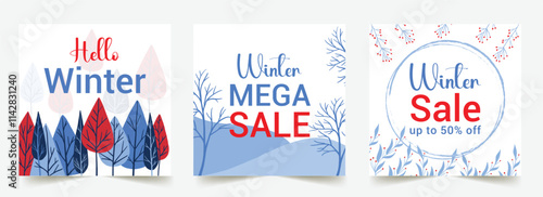 Set of abstract winter backgrounds for social media post frame for ads, event invitation, greeting. Winter holidays square templates. Winter banners with falling snowflake, red berries, wintry scenes