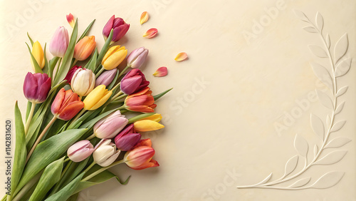 Wallpaper Mural Vibrant spring tulips on textured cream background with floral embossed detail. Torontodigital.ca