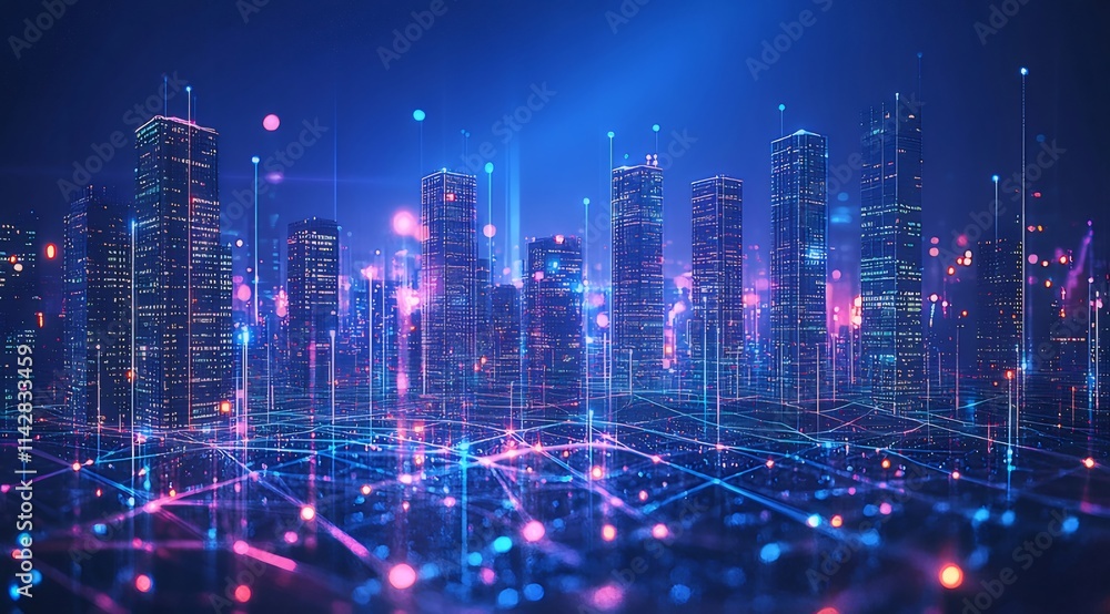 Futuristic cityscape at night with glowing network connections. Futuristic cityscape at night with glowing network connections.