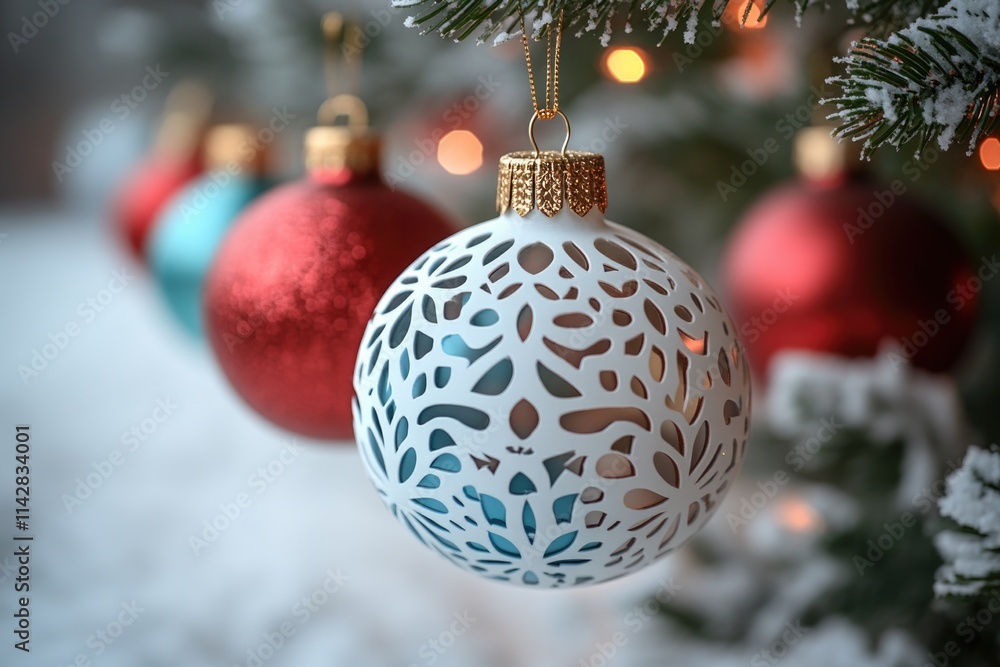 A detailed view of a Christmas ornament on a decorated tree A detailed view of a Christmas ornament on a decorated tree