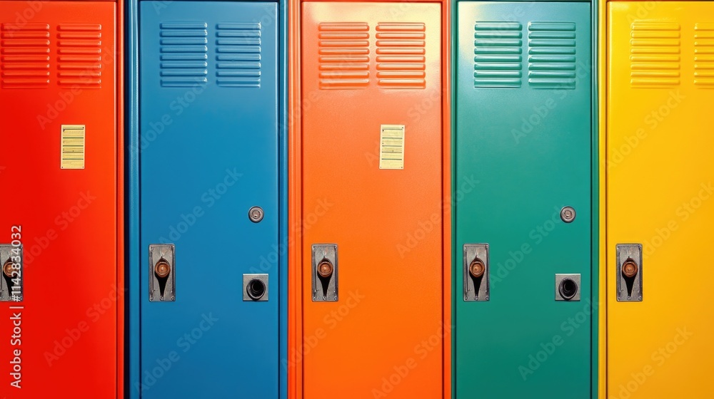 A row of colorful lockers with unique designs and colors, great for background or decorative use A row of colorful lockers with unique designs and colors, great for background or decorative use