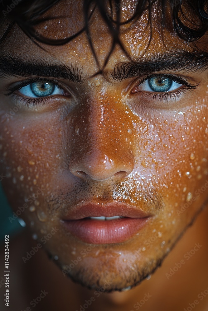 Close-up of a person's face with water droplets Close-up of a person's face with water droplets