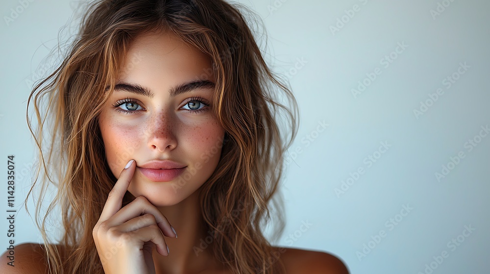 Young woman in casual holding finger to chin, looking at camera and thinking over white background with copy space area for your text message or information concept. ,copy space, High quality. Young woman in casual holding finger to chin, looking at camera and thinking over white background with copy space area for your text message or information concept. ,copy space, High quality.