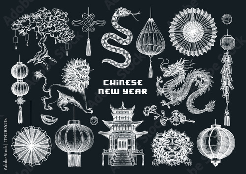 Chinese New Year decoration in sketch style. China sketches. Hand-drawn vector illustrations set. NOT AT generated