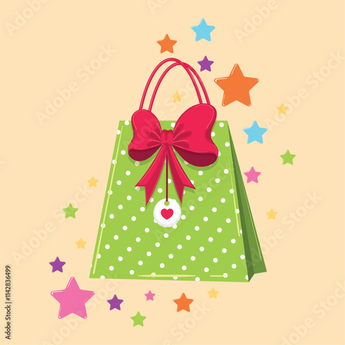 Green polka dot gift bag with red ribbon and bow Vector