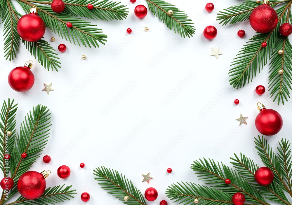 fir branches decorations create festive flat lay red elements white background fir branches decorations create festive flat lay red elements white background