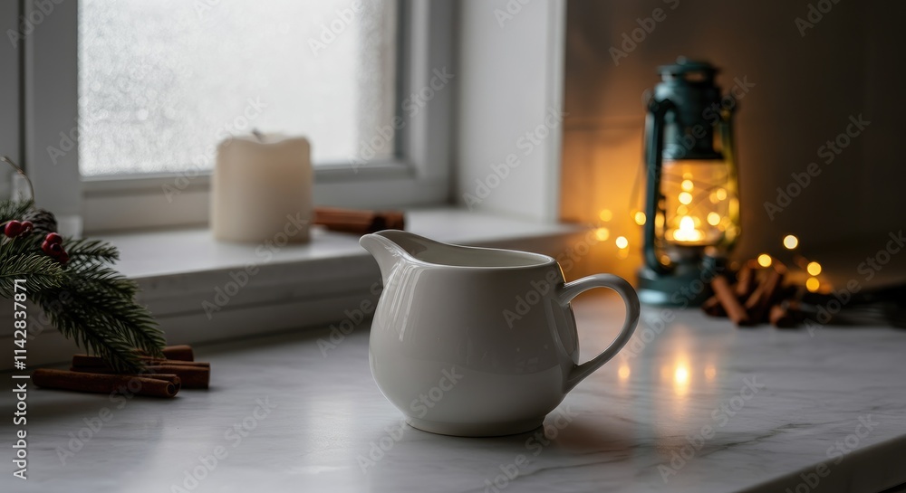 White ceramic pitcher on marble kitchen counter beside glowing lantern White ceramic pitcher on marble kitchen counter beside glowing lantern