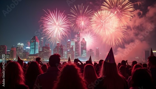 Gente en la calle celebrando el año nuevo 2025. Felicidad, noche, luces y fiesta photo