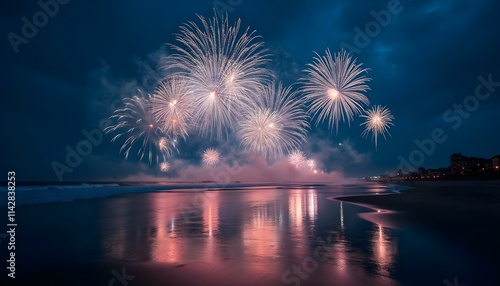 Celebración del año nuevo 2026. Escena de noche en la playa con fuegos artificiales. Felicidad, noche, luces y fiesta