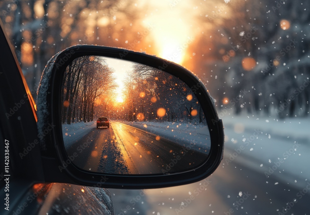 Tranquil Winter Sunset Reflected in a Car Mirror with Snowfall, Golden Light, and Scenic Tree-Lined Road in a Cold Environment Tranquil Winter Sunset Reflected in a Car Mirror with Snowfall, Golden Light, and Scenic Tree-Lined Road in a Cold Environment