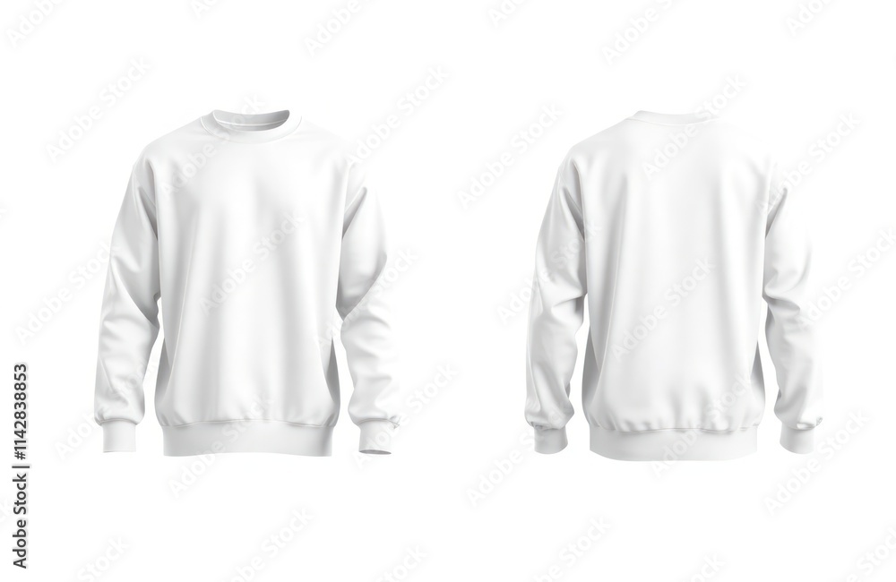 Blank white sweatshirt presented front, back view. Casual wear item. Suitable for fashion design apparel branding. Stylish plain cotton top for printing design. Isolated on white background. Blank white sweatshirt presented front, back view. Casual wear item. Suitable for fashion design apparel branding. Stylish plain cotton top for printing design. Isolated on white background.