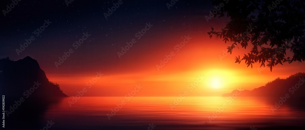 A serene sunset casts vibrant orange hues over calm waters, framed by shadowy mountains and silhouettes of trees. A serene sunset casts vibrant orange hues over calm waters, framed by shadowy mountains and silhouettes of trees.