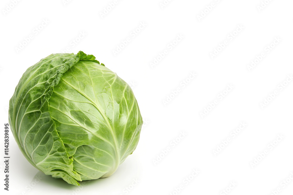 Fresh Green Cabbage Positioned on Left Side on White Background with Copy Space Fresh Green Cabbage Positioned on Left Side on White Background with Copy Space