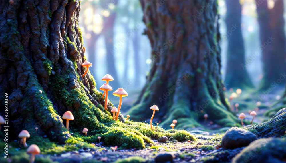 Obraz premium Small mushrooms growing on the rough bark of a tree, showcasing their delicate caps and earthy tones, surrounded by a natural woodland environment.