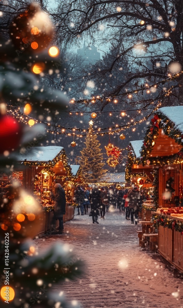 Festive Christmas market with decorated stalls, twinkling string lights, and a large illuminated tree, surrounded by snow and holiday shoppers. Festive Christmas market with decorated stalls, twinkling string lights, and a large illuminated tree, surrounded by snow and holiday shoppers.