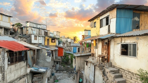 Slum urban inequality concept. Urban slum with colorful houses under a dramatic sunset sky.