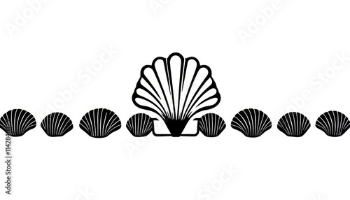 Minimalist black seashell silhouettes. Sea shell design for logo decorative use. Simple, elegant bivalve shells in repeating pattern. Seashell theme for nature summer-themed designs. Suitable for photo