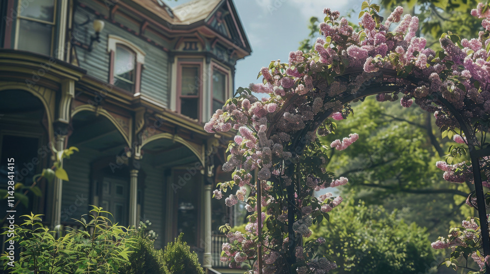 An archway of blooming lilac bushes in front of an old house. An archway of blooming lilac bushes in front of an old house.