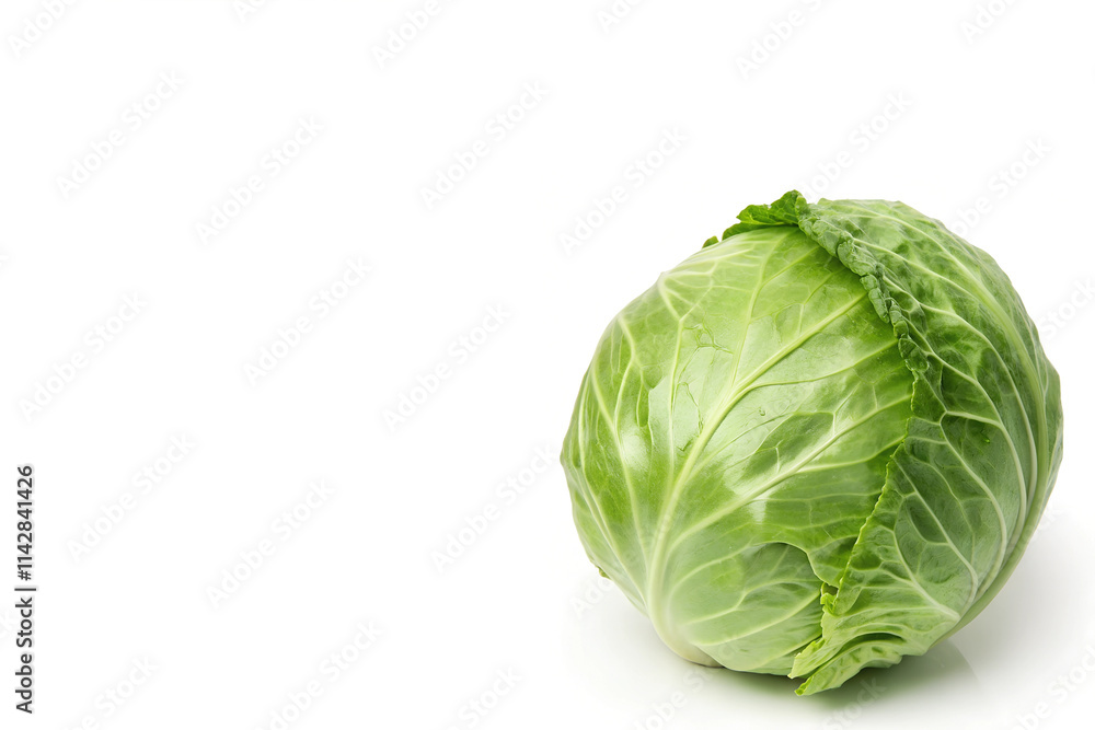 Fresh Green Cabbage Positioned on Right Side on White Background with Copy Space Fresh Green Cabbage Positioned on Right Side on White Background with Copy Space