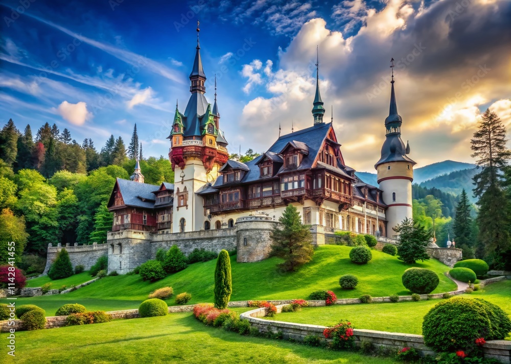 Obraz premium Peles Castle Romania: Stunning Photorealistic Images of Royal Palace Architecture, European History, Landmark, Travel Destination