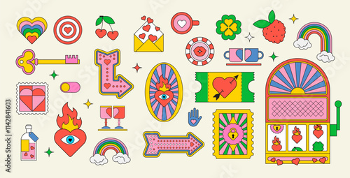Valentins day. Groovy stickers Y2k. Retro gambling and Cult aesthetics. Trendy Flat design. Love design elements. Big vector set with hearts. Groovy style. Vibrant colors. Simple shapes, retro vibes