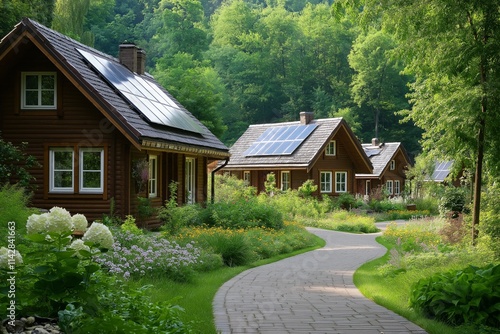 Wooden Cabins with Solar Panels Surrounded by Lush Greenery. Flowering Gardens and Stone Path Leading Through the Scenic Forest Landscape. Peaceful Eco-Friendly Housing in Nature. AI generated