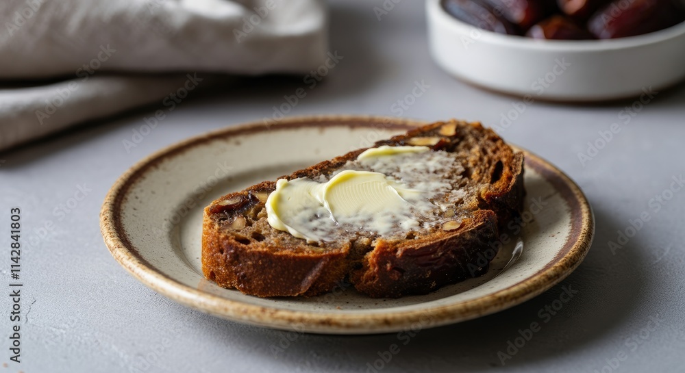 Buttered slice of fruit and nut bread on ceramic plate Buttered slice of fruit and nut bread on ceramic plate