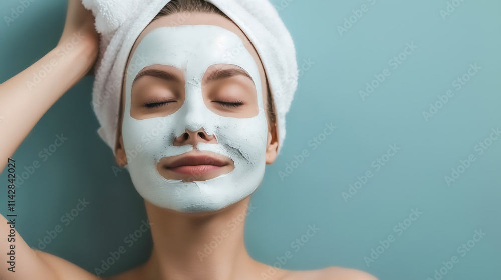 Relaxing self-care routine woman with clay mask at home portrait tranquil setting Relaxing self-care routine woman with clay mask at home portrait tranquil setting