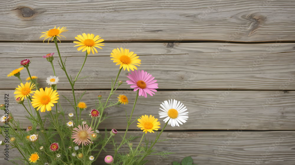 Obraz premium wooden background with flowers with copy space for greeting message. Love and greeting concept. AI generated image, ai