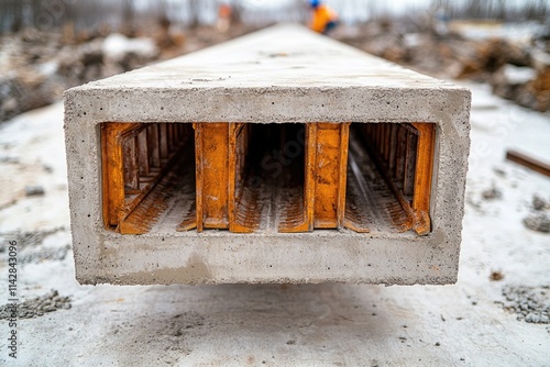 Concrete block with a person in the background, great for architecture or construction-themed projects photo