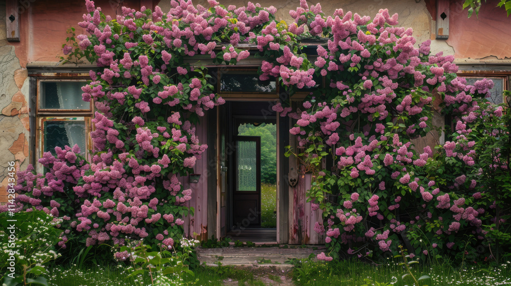 An archway of blooming lilac bushes in front of an old house. An archway of blooming lilac bushes in front of an old house.