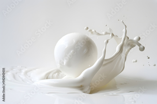 Vanilla ice cream ball scoop with milky splash with drops isolated on white background	 photo