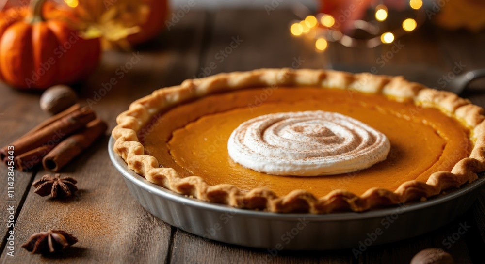 Delicious pumpkin pie with whipped cream, spices, and festive decorations Delicious pumpkin pie with whipped cream, spices, and festive decorations