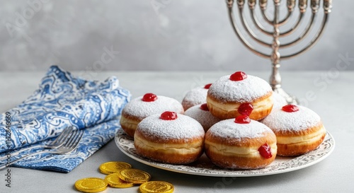 Sugar-dusted jelly-filled doughnuts on plate beside menorah and blue napkin for festive celebration photo