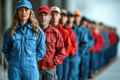 Group of construction workers standing in a line, ready for work or instruction photo