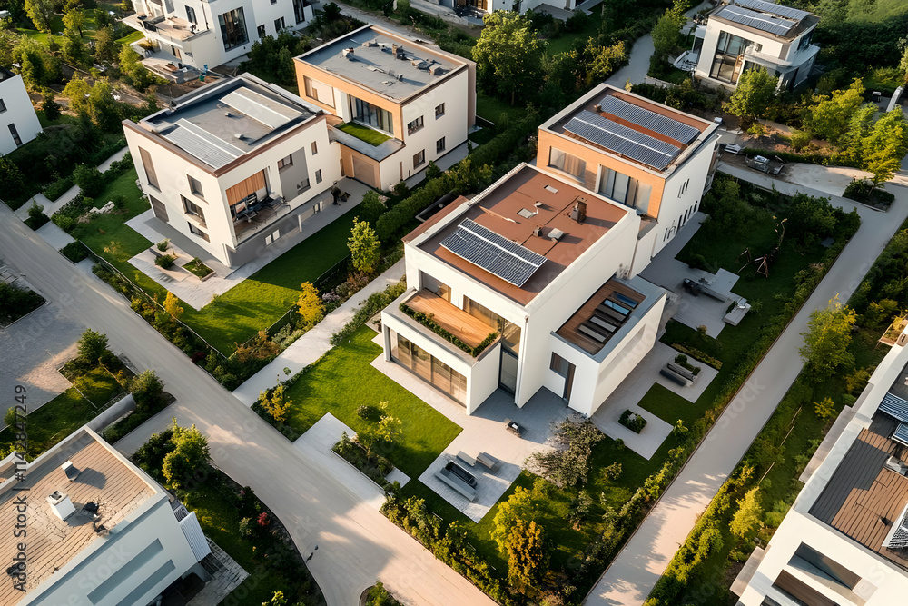 Aerial view of modern houses with solar panels and landscaped gardens. Aerial view of modern houses with solar panels and landscaped gardens.