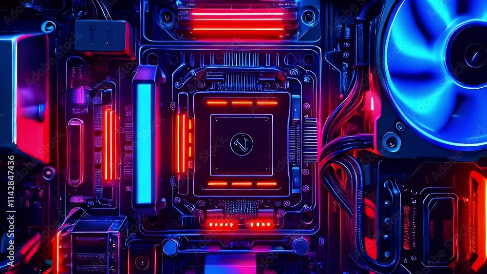 A close-up view of a futuristic computer motherboard with vibrant lighting and intricate circuitry. A close-up view of a futuristic computer motherboard with vibrant lighting and intricate circuitry.