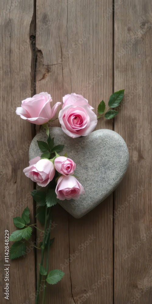 Pink roses, stone heart, rustic wood background, detail, stone Pink roses, stone heart, rustic wood background, detail, stone