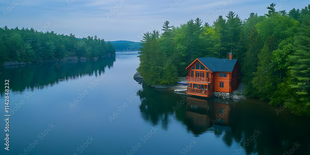 A serene lakeside cabin surrounded by lush trees and calm water at dawn. A serene lakeside cabin surrounded by lush trees and calm water at dawn.