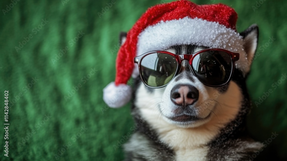 A happy dog wearing sunglasses and a Santa hat, perfect for holiday-themed photoshoots or social media posts A happy dog wearing sunglasses and a Santa hat, perfect for holiday-themed photoshoots or social media posts