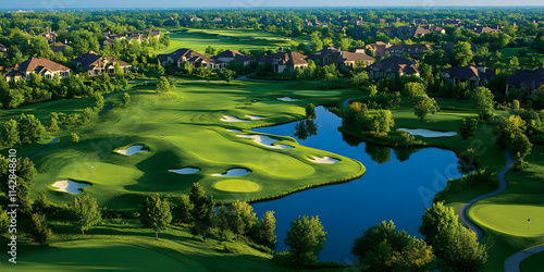 A scenic view of a golf course with lush greenery and a serene water body.