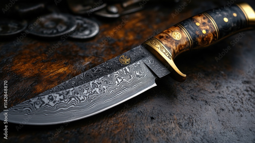 A sharp knife with a wooden handle sits on a table, ready for use A sharp knife with a wooden handle sits on a table, ready for use
