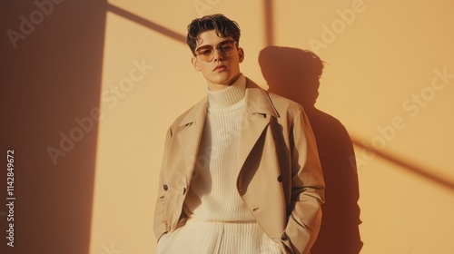 Contemporary minimal fashion scene refined model soft dramatic lighting cinematic ambiance artistic shadows smooth textures luxury style sophisticated atmosphere modern outfit clean aesthetic elegant