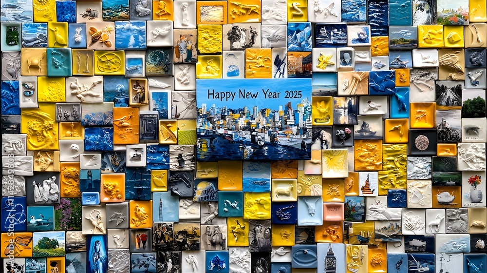 Fototapeta premium Colorful Art Collage Celebrating New Year 2025 with Diverse Objects