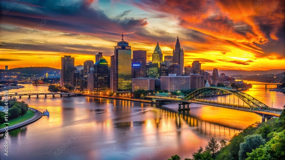 Fototapeta premium Pittsburgh Skyline Silhouette: Night Cityscape, Steel City Panoramic View