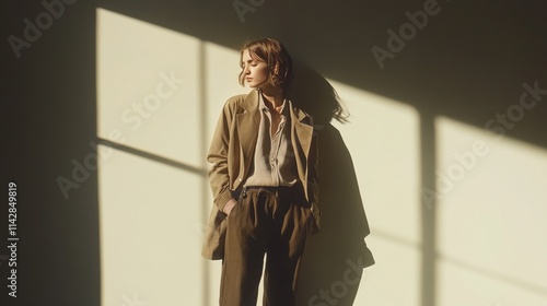 Contemporary minimal fashion scene refined model soft dramatic lighting cinematic ambiance artistic shadows smooth textures luxury style sophisticated atmosphere modern outfit clean aesthetic elegant